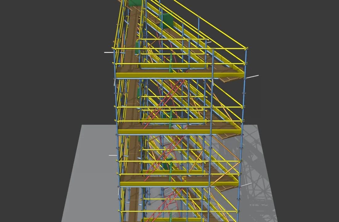 Finished 4-storey U-shape scaffold with zigzag sub-braces and façade ties — generated by the add-on